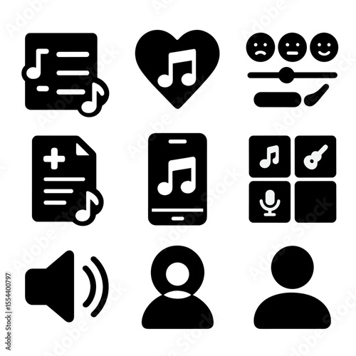 Therapeutic Music Icons. Solid, filled icons set of personalized therapeutic playlists: playlist icon,