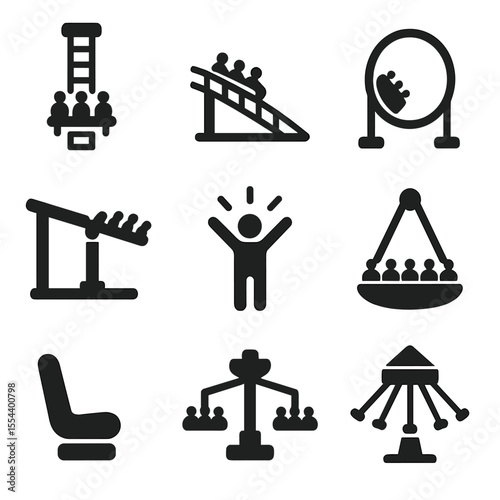Thrill Ride Icons. Solid, filled icons set of thrill seeker rides: extreme drop, fast coaster, loop icon,