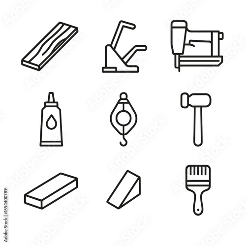 Flooring Tools Icons. Outline icon set of Hardwood Flooring Installation: hardwood plank, flooring nailer, pneumatic stapler, wood