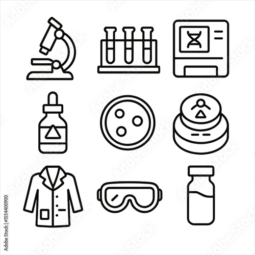 Forensic Lab Icons. Outline icon set of Forensic Lab Analysis: microscope, test tube rack, DNA sequencer, chemical reagent bottle,