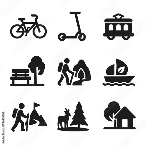 Tourism Icon Set. Solid, filled icons set of tourism and recreation: rental bike, electric scooter share, city