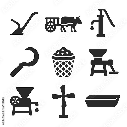 Traditional Farming Icons. Solid, filled icons set of traditional farming energy tools: manual plow, ox cart,
