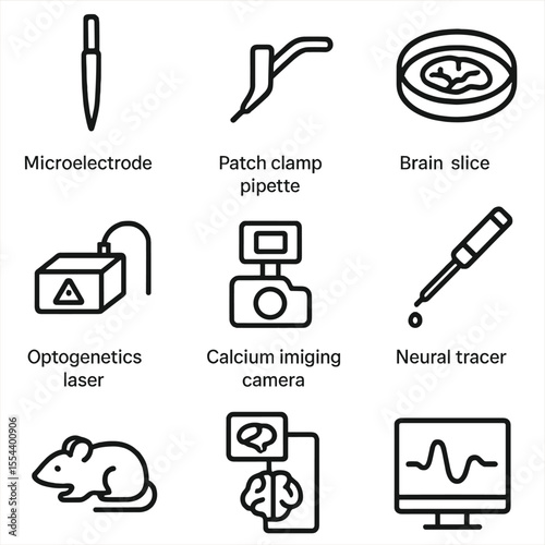 Brain Research Tools Icons. Outline icon set of brain research tools: microelectrode probe, patch clamp pipette, brain slice dish,