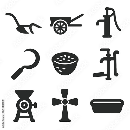Traditional Farming Icons. Solid, filled icons set of traditional farming energy tools: manual plow, ox cart,