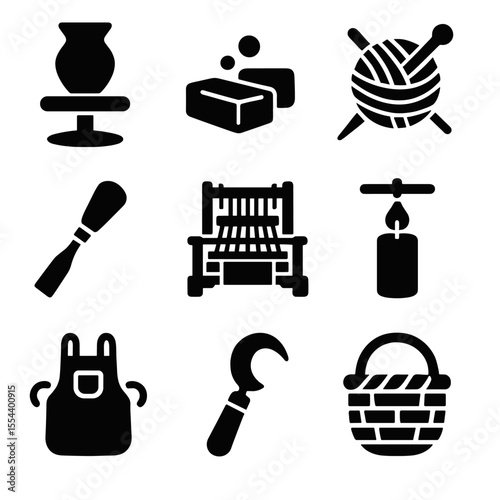Traditional Craft Icons. Solid, filled icons set of traditional rural workshops: pottery wheel, handmade soap,