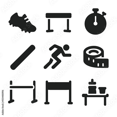 Track and Field Icons. Solid, filled icons set of track and field championships: running shoes, hurdles,