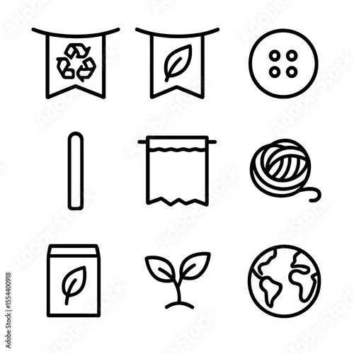 Eco-Friendly Icon Set. Outline icon set of Eco-Friendly Bunting: recycled paper flag, leaf icon, green button, wooden stick, cloth