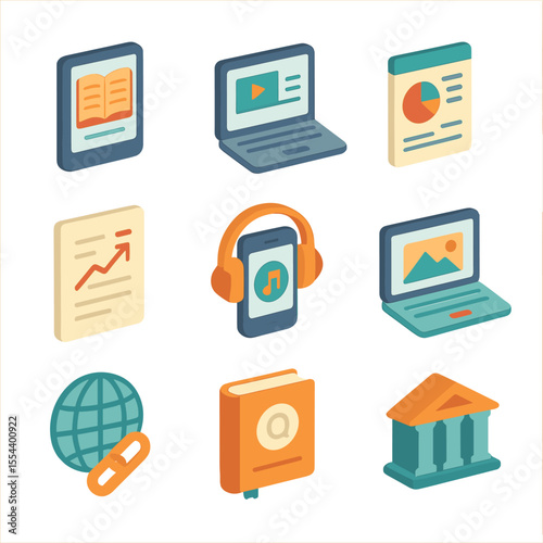 Educational Resources Icons. Isometric Flat icon set of educational resources: ebook, video tutorial, infographic, PDF document,
