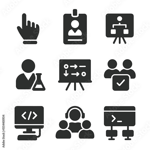 Training and Teamwork Icons. Solid, filled icons set of training and teamwork in labs: pointing hand in glove,