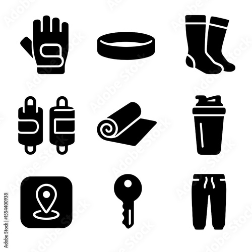 Training Gear Icons. Solid, filled icons set of training gear essentials: grip gloves, headband, compression