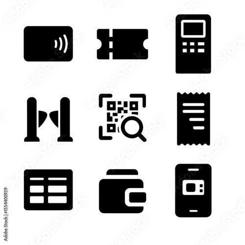 Transit Icons Grid. Solid, filled icons set of fare and ticketing tools: contactless card, paper ticket,