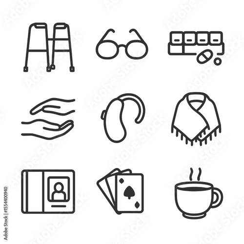 Elder Care Icons. Outline icon set of elder patient family care: walker, reading glasses, medication pillbox, card game,