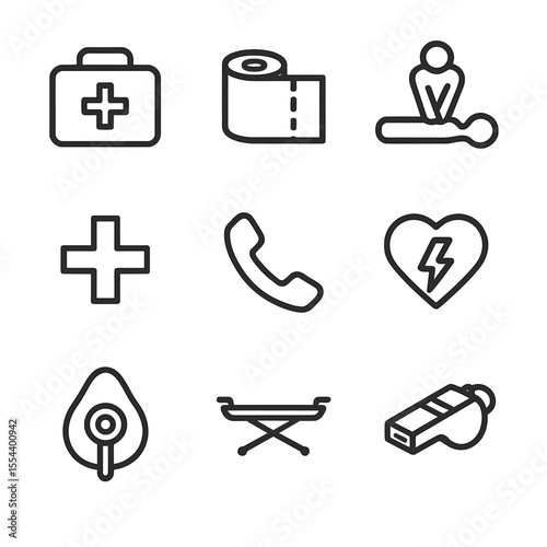 Electrical Accident Aid Icons. Outline icon set of Electrical Accident First Aid: first aid kit, bandage roll, CPR silhouette,