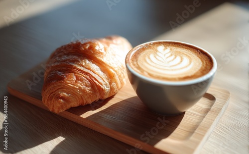 The scene of a comforting morning treat is set with two croissants, two cups of coffee, one with decorative latte art, and a wooden board, all illuminated by warm sunlight