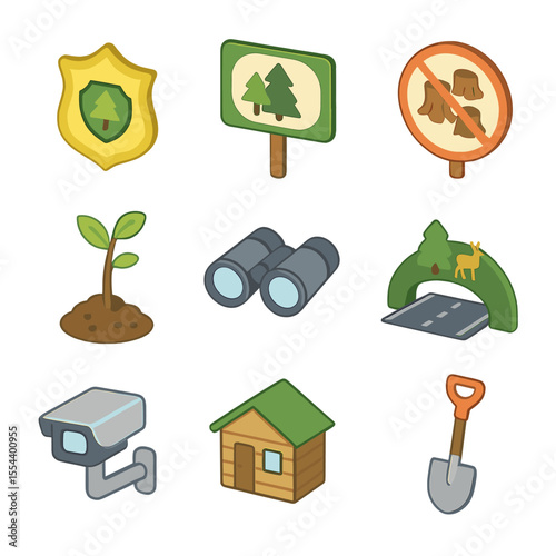 Forest Conservation Icons. Isometric Flat icon set of forest conservation and protection: ranger badge, protected area sign,