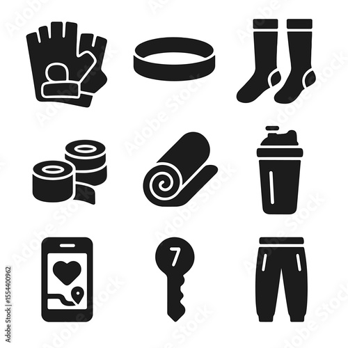 Training Gear Icons. Solid, filled icons set of training gear essentials: grip gloves, headband, compression