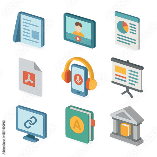 Educational Resources Icons. Isometric Flat icon set of educational resources: ebook, video tutorial, infographic, PDF document,
