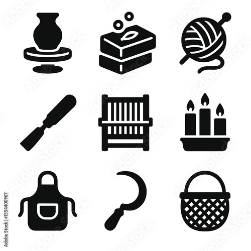 Traditional Craft Icons. Solid, filled icons set of traditional rural workshops: pottery wheel, handmade soap,