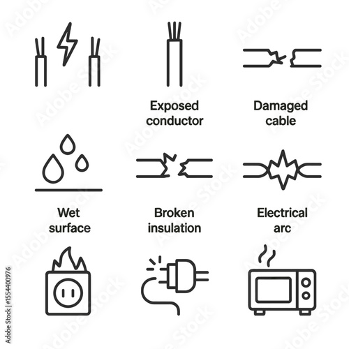 Electrical Hazard Icons. Outline icon set of Electrical Hazardous Energy Sources: live wire, exposed conductor, damaged cable, wet