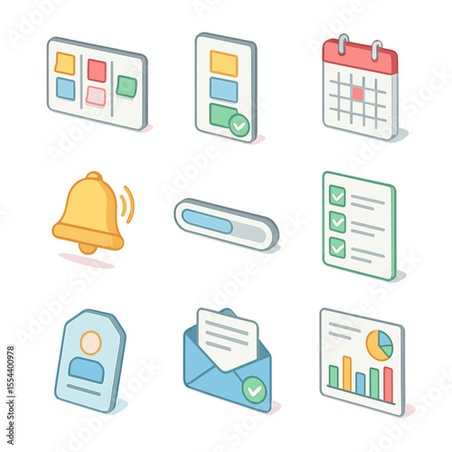 Fostering Accountability Icons. Isometric Flat icon set of fostering accountability online: shared task board, Kanban column,
