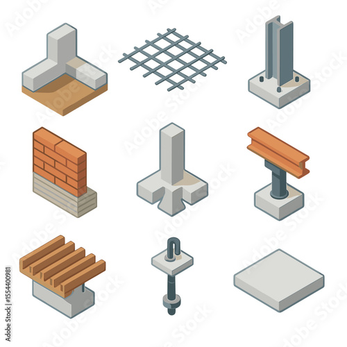 Foundation Elements Icons. Isometric Flat icon set of foundation and structural elements: concrete foundation, rebar grid, steel