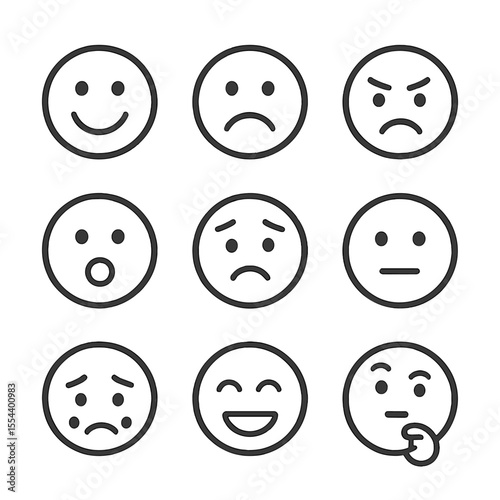 Emotion Icons Grid. Outline icon set of emotional expressions: happy face, sad face, angry face, surprised face, fearful face,