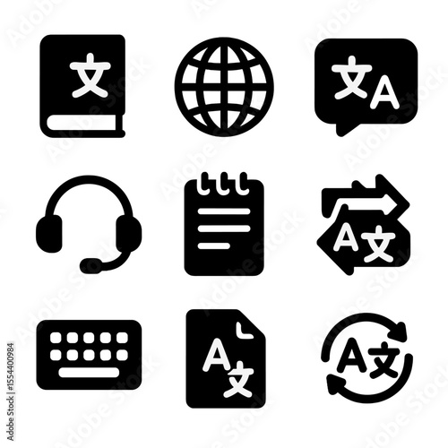 Translation Tool Icons. Solid, filled icons set of translation and interpretation tools: dictionary, globe,