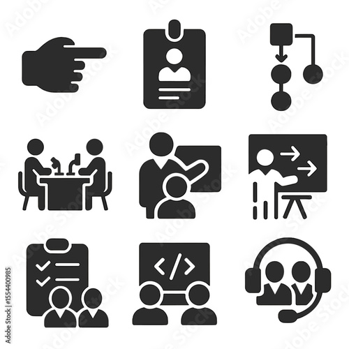 Training and Teamwork Icons. Solid, filled icons set of training and teamwork in labs: pointing hand in glove,
