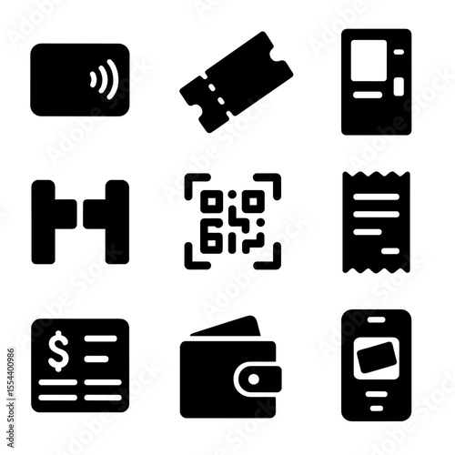 Transit Icons Grid. Solid, filled icons set of fare and ticketing tools: contactless card, paper ticket,