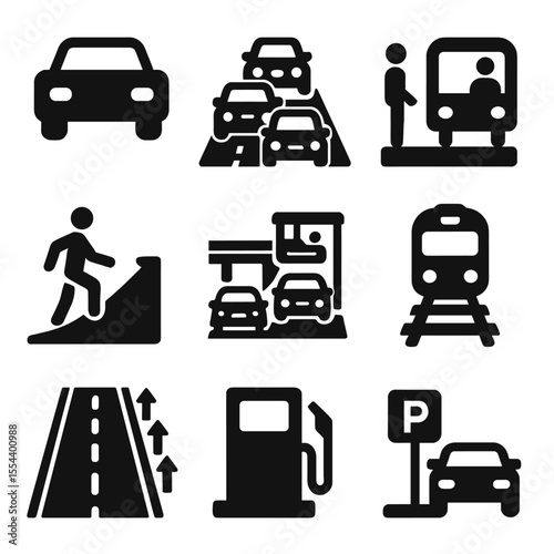 Transportation Icon Set. Solid, filled icons set of transportation and commuting impacts: car icon, traffic