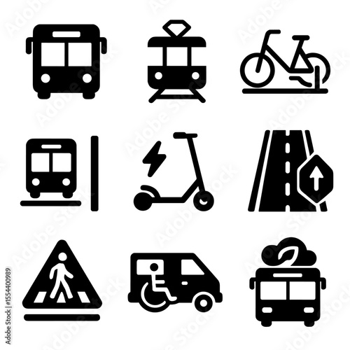 Transportation Upgrade Icons. Solid, filled icons set of transportation upgrades: city bus, tram line, bike