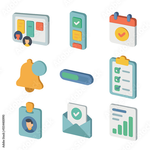 Fostering Accountability Icons. Isometric Flat icon set of fostering accountability online: shared task board, Kanban column,