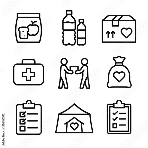 Emergency Supply Icons. Outline icon set of emergency supply distribution: food package, bottled water, relief box, medical kit,