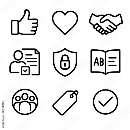 Ethical AI Icon Set. Outline icon set of ethical AI art creation: thumbs up, heart, handshake, user consent form, privacy shield,