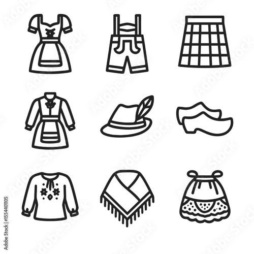 European Folk Costume Icons. Outline icon set of European folk costumes: dirndl, lederhosen, kilt, bunad, tracht hat, clogs,