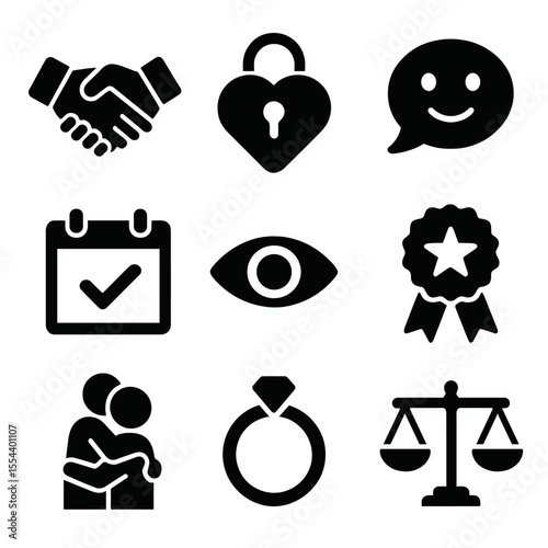 Trust Icons Collection. Solid, filled icons set of building trust in relationships: handshake, heart lock,