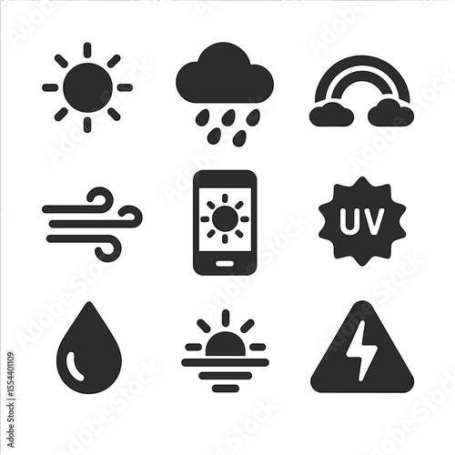 Tropical Weather Icons. Solid, filled icons set of tropical weather essentials: sun icon, rain cloud, rainbow,