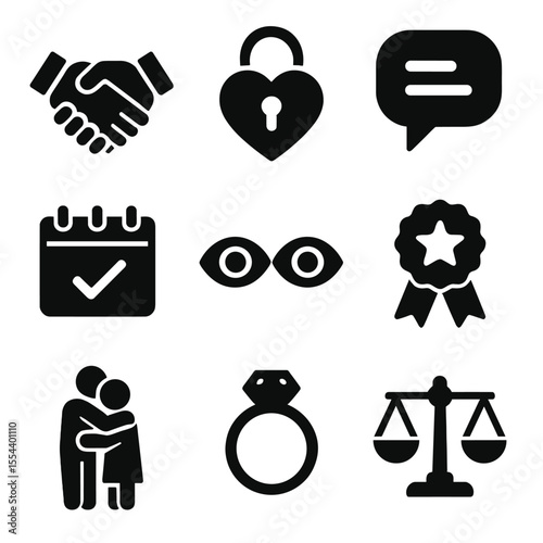 Trust Icons Collection. Solid, filled icons set of building trust in relationships: handshake, heart lock,