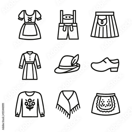 European Folk Costume Icons. Outline icon set of European folk costumes: dirndl, lederhosen, kilt, bunad, tracht hat, clogs,