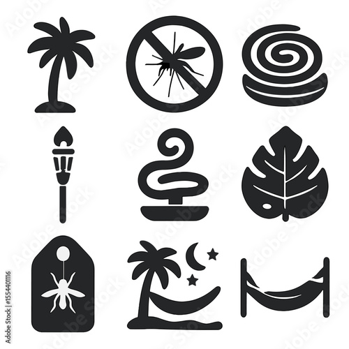 Tropical Insect Icons. Solid, filled icons set of tropical insect control: palm tree, mosquito icon, coil in