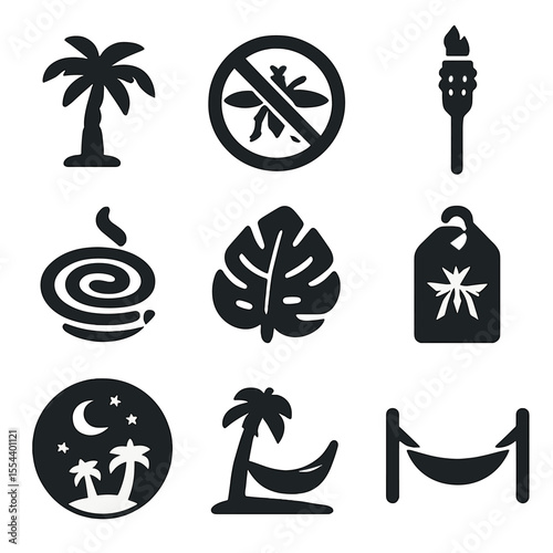 Tropical Insect Icons. Solid, filled icons set of tropical insect control: palm tree, mosquito icon, coil in