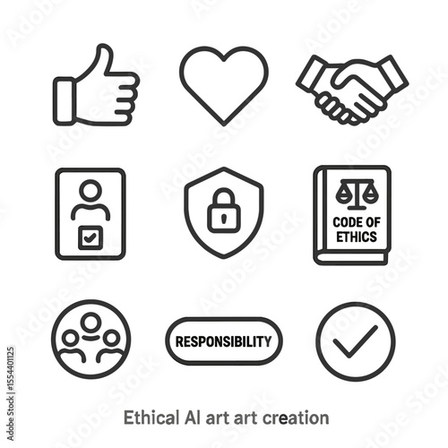 Ethical AI Icon Set. Outline icon set of ethical AI art creation: thumbs up, heart, handshake, user consent form, privacy shield,