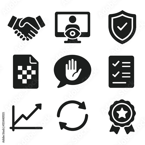 Trust-Building Icon Set. Solid, filled icons set of trust-building online: handshake icon, eye contact screen,