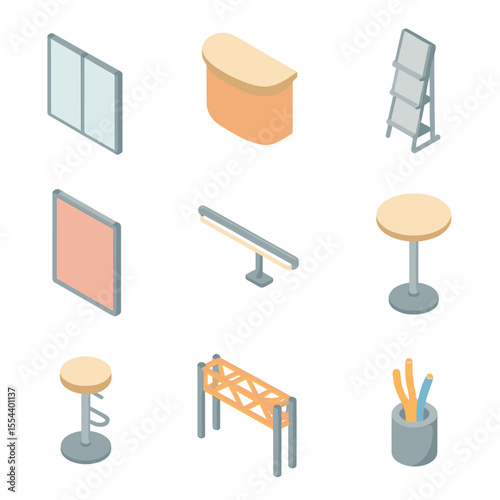 Exhibition Stand Icons. Isometric Flat icon set of exhibition stand design: modular wall panel, reception counter, literature