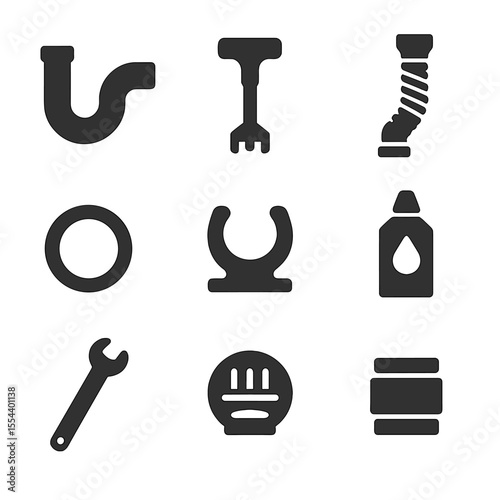 Under-Sink Tool Icons. Solid, filled icons set of under-sink tools: P-trap, drain key, flexible hose, seal