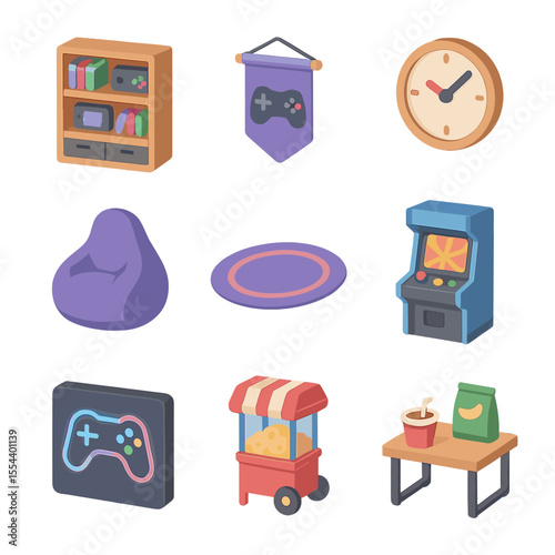 Game Room Icons. Isometric Flat icon set of game room decor: game shelf, hanging banner, wall clock, bean bag chair, floor rug,