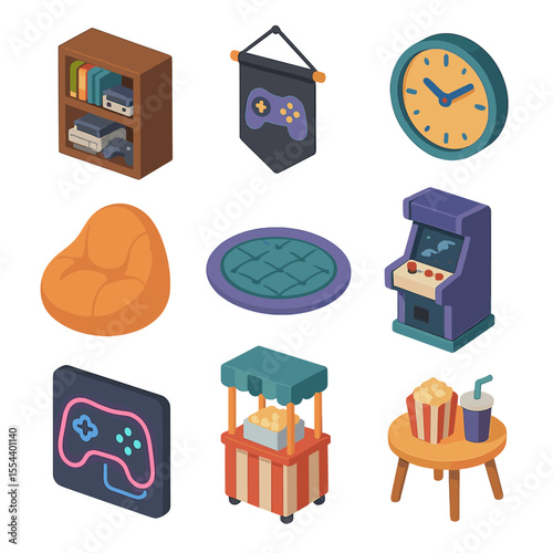 Game Room Icons. Isometric Flat icon set of game room decor: game shelf, hanging banner, wall clock, bean bag chair, floor rug,