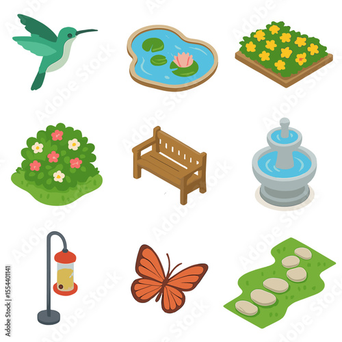 Garden Icon Set. Isometric Flat icon set of hummingbird in garden landscape: garden pond, flower bed, flowering shrubs, garden