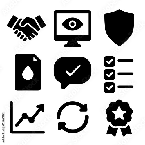 Trust-Building Icon Set. Solid, filled icons set of trust-building online: handshake icon, eye contact screen,