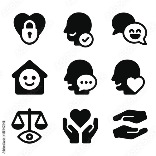 Trust Icons Grid. Solid, filled icons set of maintaining trust and connection: locked heart, trusted voice,